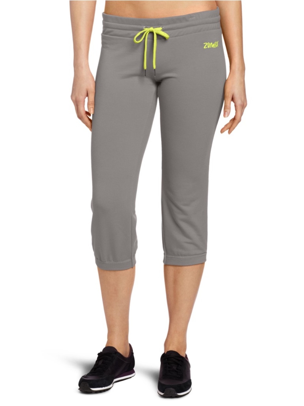 NEW Zumba Fitness Gray Capri Pants with Neon Yellow Drawstring